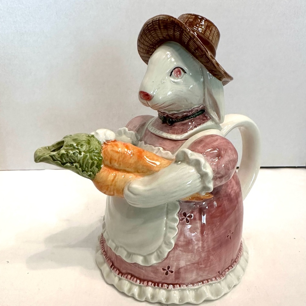 Otagiri Ceramic Bunny Pitcher in Pink Dress with Brown Hat and Orange Carrots